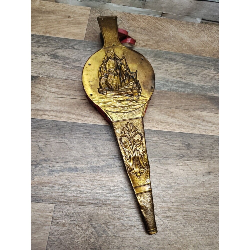 Copper & Red Leather Bellow Fireplace Fan Nautical Scene Pirate Ship Primitive